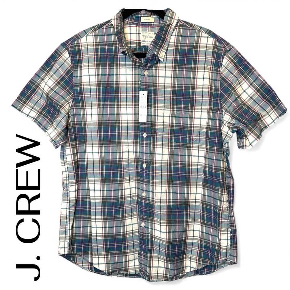 J. CREW Men's Short Sleeve Cotton Poplin Shirt Size Large Plaid Checkered NEW